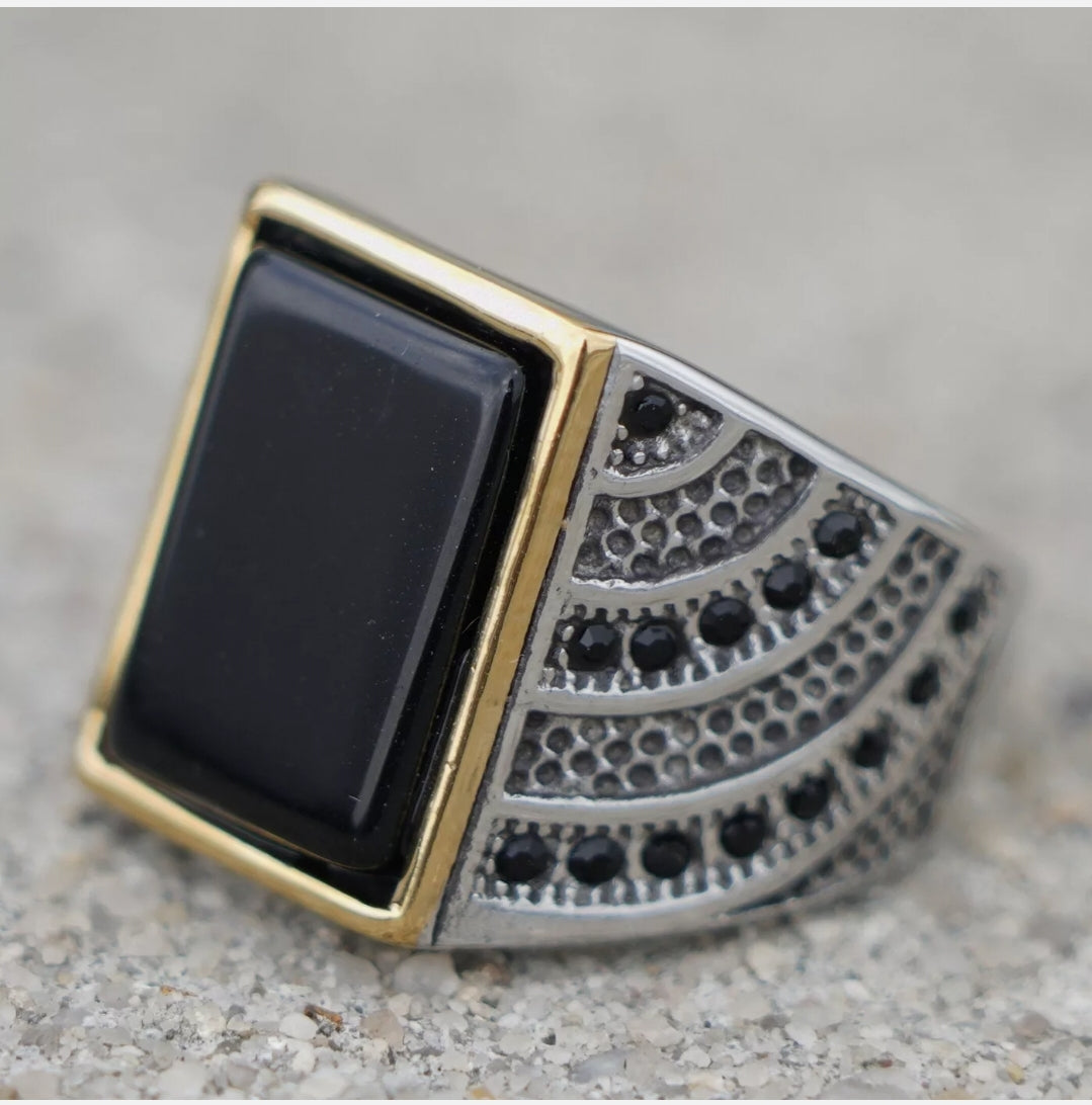 Dion Sleek Stainless Steel Onyx Ring