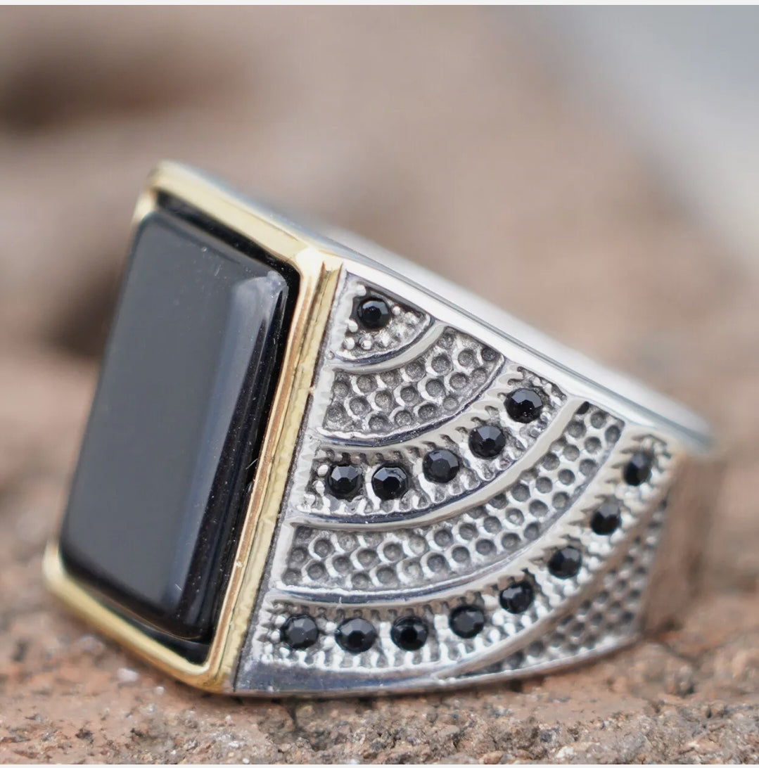 Dion Sleek Stainless Steel Onyx Ring