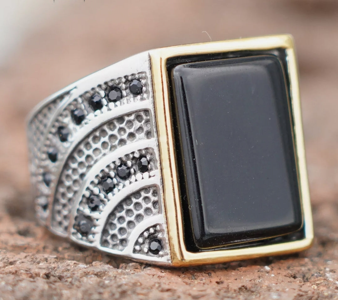 Dion Sleek Stainless Steel Onyx Ring